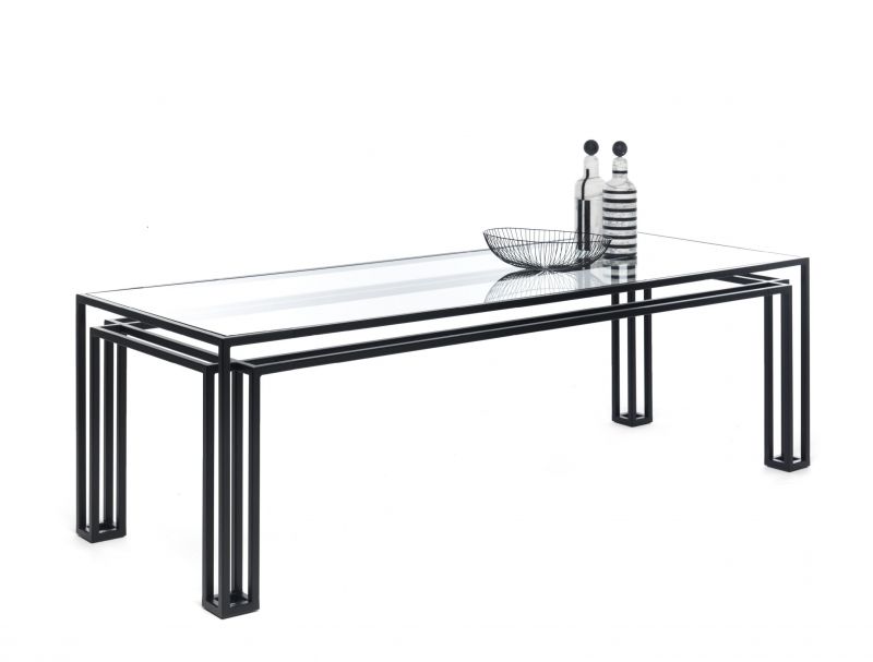 Schwarzer Design Tisch mit Glasplatte, Länge 200cm, Mogg Hotline Tisch, modernes Wohnzimmer Möbel.